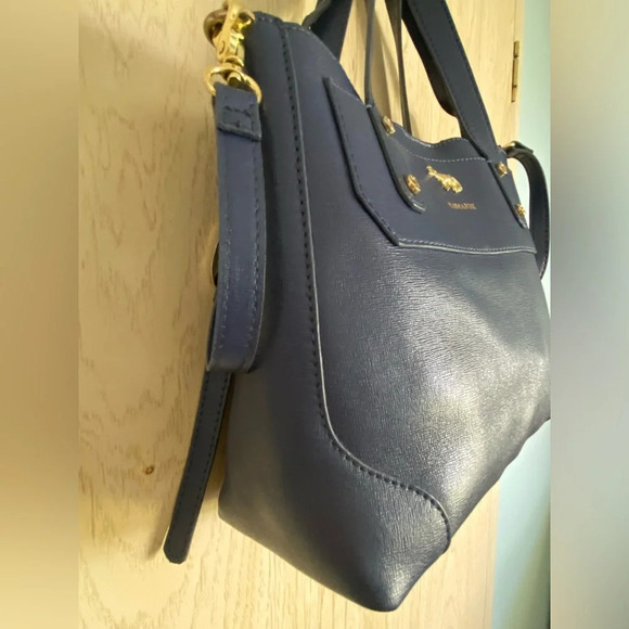 Emma Fox GIDRAN Navy Deep Blue Leather Tote w/ crossbody strap Houndstooth Liner - Picture 5 of 16